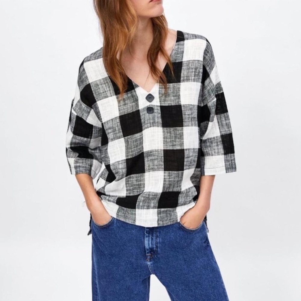 Women's Zara Basic Linen‎ Blend Blouse Size Medium Black And White Checkered